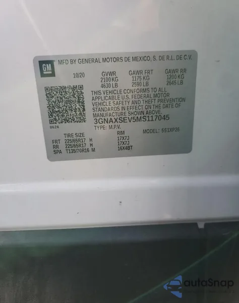 2021 Chevrolet Equinox Ls из США, поврежденный, VIN 3GNAXSEV5MS117045